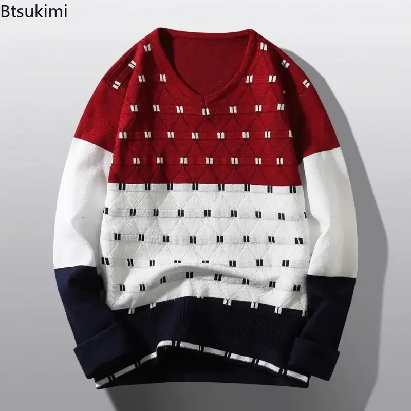 2024 Men's Warm Contrast Color Knitted Sweater Autumn Winter V-Neck Knitwear Tops for Men Korean Version Slim Men's Bottom Shirt