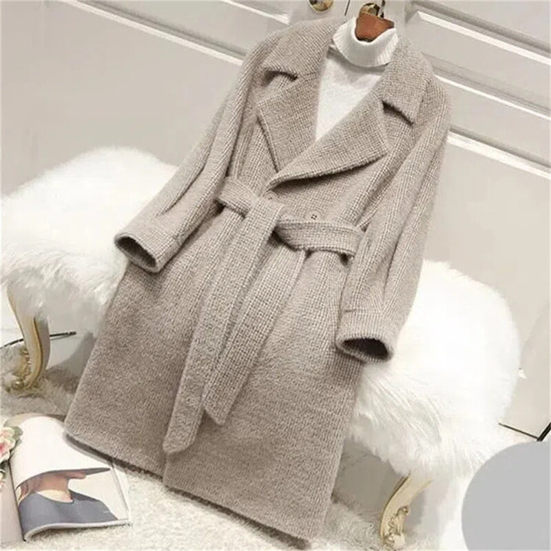 Abrigo de terciopelo de imitación de visón para mujer, abrigo holgado de pata de gallo, abrigo largo grueso Vintage, otoño e invierno, 2022
