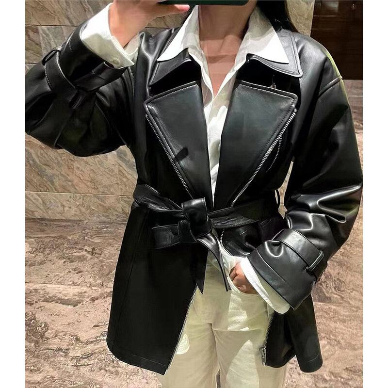2024Leather leather coat  autumn winter new fashion versatile motorcycle style zipper loose medium length sheepskin top coat