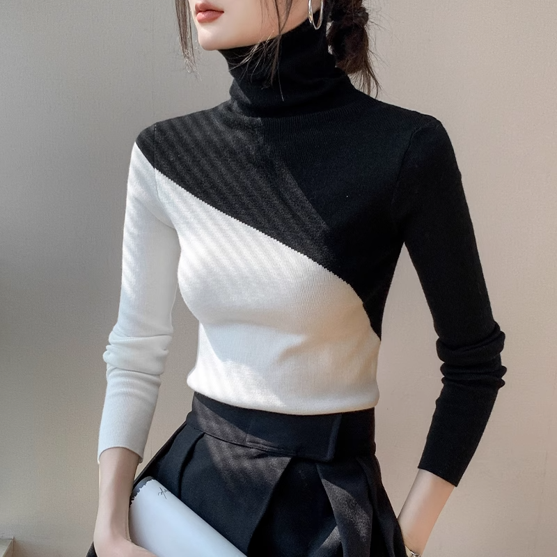 Summer Office Lady Retro Korean Style Loose Casual Sweater Elegant Fashion Knitting Solid Splicing Turtleneck Long Sleeve Tops