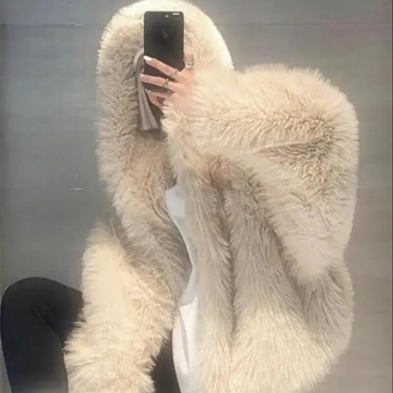 2023 New Women Winter Faux Fox Fur Coat Short-length Loose Overcoat High-grade Foreign Atmosphere Jacket Hooded Warm Outwear