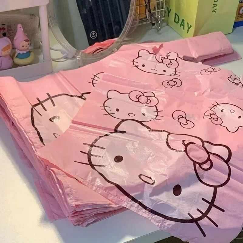 Bolsas de plástico de Hello Kitty para el hogar, bolsa de regalo bonita para supermercado, compras de comestibles, con asa, 50 piezas