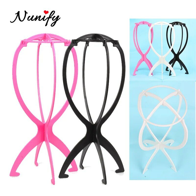 Nunify-portátil plástico peruca stand, peruca cabeça stand, preto e rosa pendurar titular, durável cabelo display ferramentas, peruca acessórios