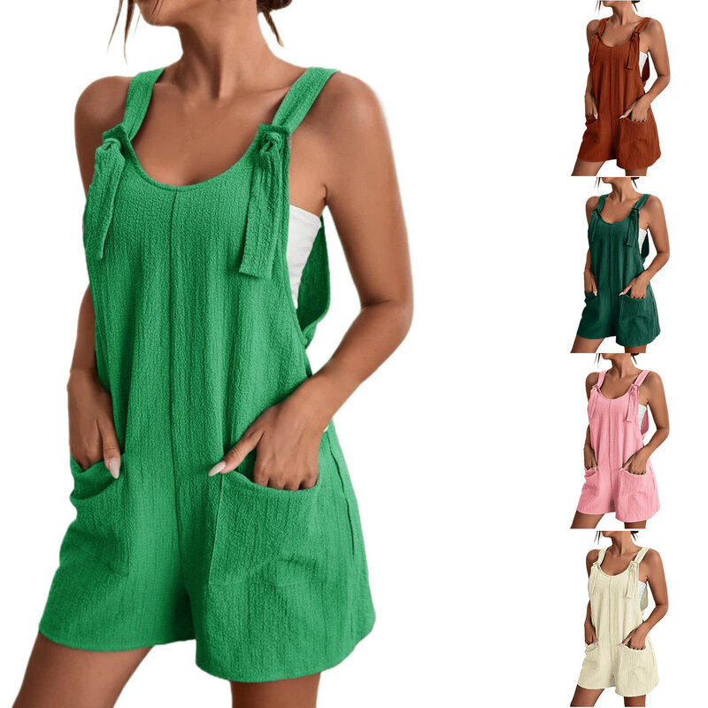 Women Bohe Loose Overalls Solid Color Square Collar Playsuits Sleeveless Rompers Summer Casual Clothes Jumpsuit With Pocket