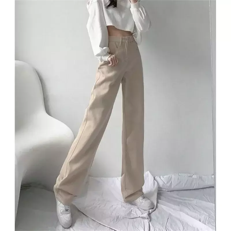 Calça jeans casual folgada e reta feminina, cintura alta coreana, jeans de perna larga, calça vintage de streetwear, tamanho grande 5XL