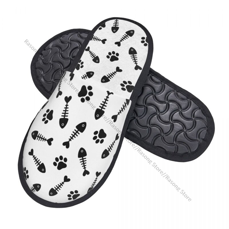 Winter Women Men Non-Slip Flat Slippers Cats Paws And Fishes Bones Indoor Fur Soft Warm Shoes