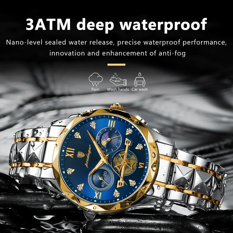 นาฬิกาข้อมือหรู poedagar กันน้ำสำหรับผู้ชายนาฬิกาควอทซ์สแตนเลสผู้ชาย