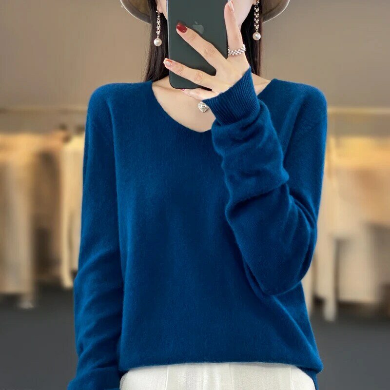 Suéter de lã merino com decote em v feminino, caxemira 100% pura, top chique básico, pulôver quente, moda inverno, outono, 2023