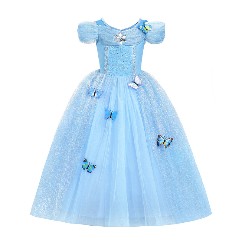 Костюм для косплея Disney Cinderela, детская одежда для девочек, платье принцессы с блестками и бабочкой, искусственное бальное платье на день рождения