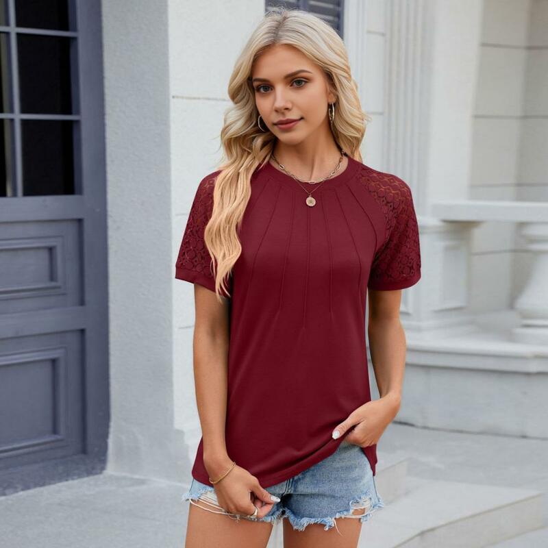 Breathable Short-sleeve Top Women T-shirt Stylish Women's Lace Splicing Tee Shirt Collection Casual Summer for Streetwear