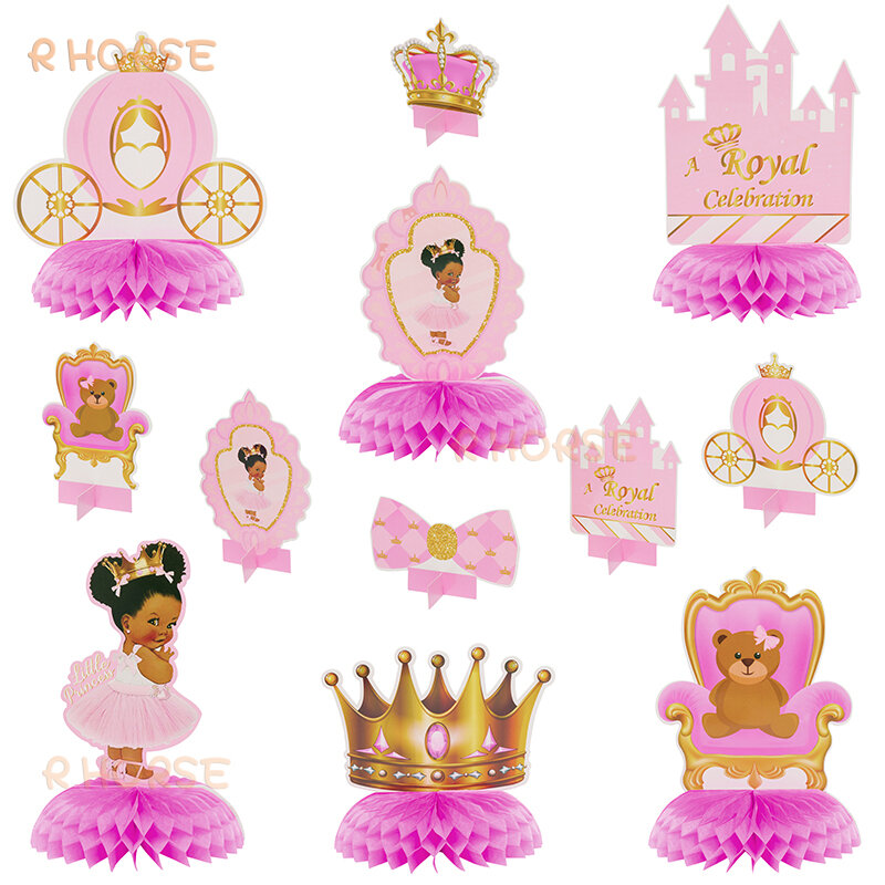 Decoración de fiesta de revelación de género para niñas, panal de abeja rosa, corona temática real, carruaje, decoración de mesa, centros de mesa, 12 piezas