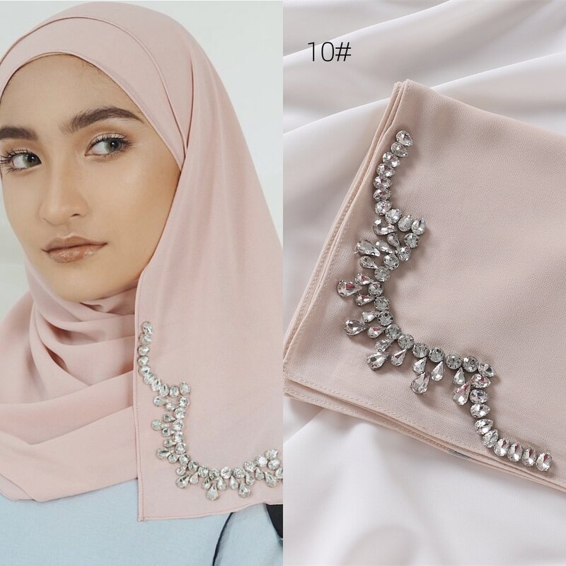 Muçulmano Chiffon Hijabs com Strass, Grande Lenço, Cabeça Desgaste, Foulard Headband, Crystal Glitter Lenço, Xales de Luxo, Novo