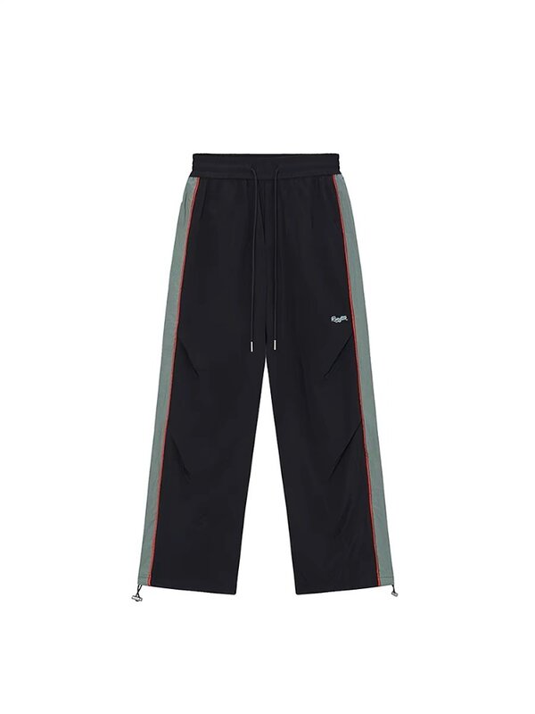 HOUZHOU-Pantalones informales de pierna ancha para mujer, pantalón de paracaídas a rayas, ropa de calle holgada, Harajuku, color negro, Vintage, Y2k