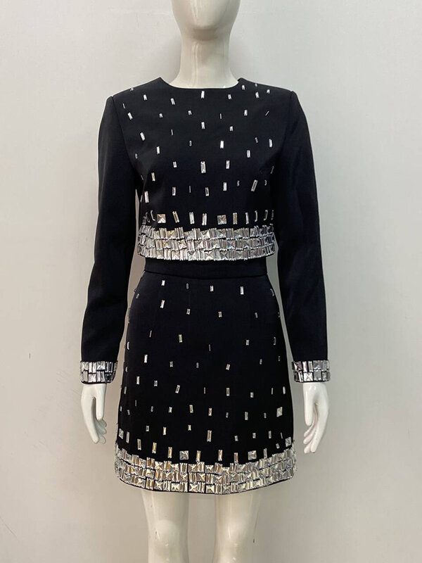 Sexy Heavy Industry Diamonds Two Pieces Set Women Black/White Beaded Long Sleeved Top+ Mini Slim Skirt Suits Evening Party