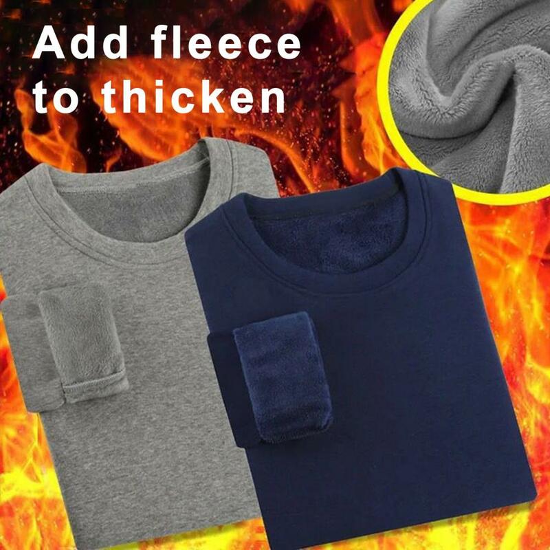 Fall Winter Men Thermal Underwear Thickened Plush O Neck Elastic Velvet T-shirt Solid Color Pullover Bottoming Underwear