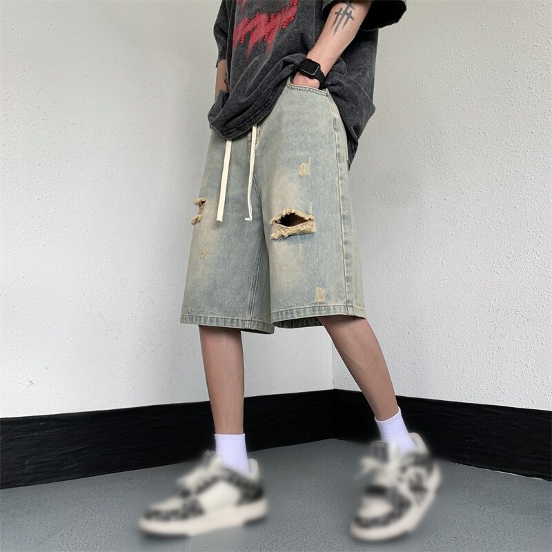 Шорты мужские джинсовые в стиле хип-хоп, модные штаны с дырками, уличная одежда, эластичные потертые прямые джинсовые шорты с эффектом потертости