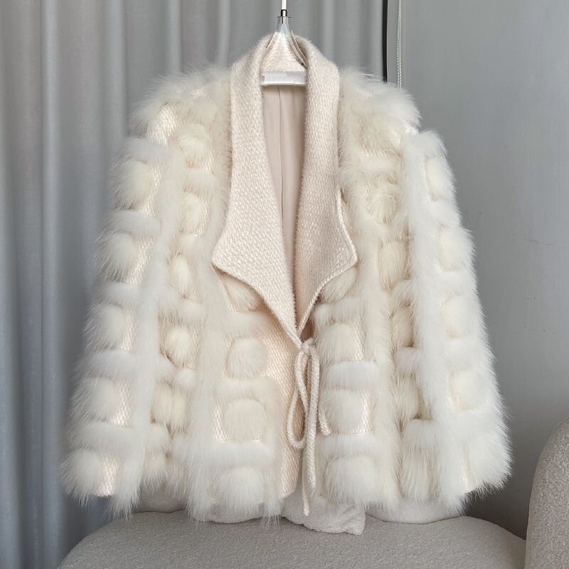 Chaqueta de piel sintética para mujer, abrigo de punto esponjoso de manga larga con cordones, moda de diseñador, otoño e invierno, 2023