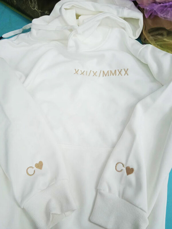 Custom Embroidered Couple Hoodie Personalized Roman Numeral Date Hoodie Date & Initial Hoodies Anniversary Gift Engagements Gift