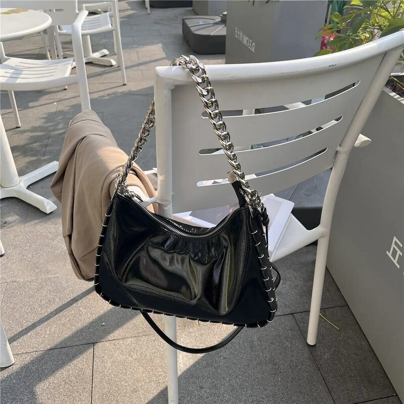 Luxury Wide Chains Woman Shoulder Bag Patent Leather Handbags Sequined Crossbody Bags for Women Soft Hobo Cloud Tote Glossy Flap