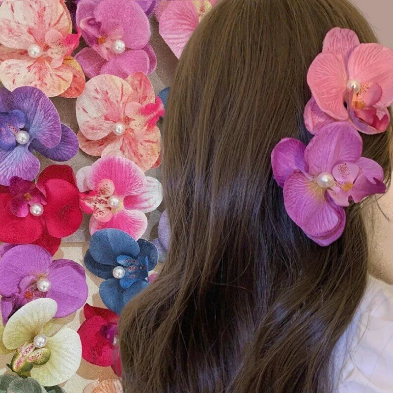 Hairpin flor com pérola para feminino, flor Phalaenopsis doce, hairpin Bohemia, design criativo, pano floral, moda coreana, clipe de cabelo, cocar, k-pop, novo