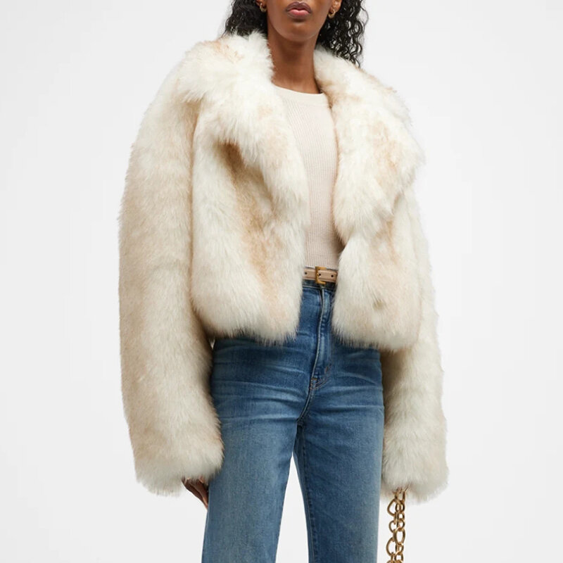Luxe Merk Catwalk Mode Gele Gradiënt Cropped Pluizig Bont Jas Vrouwen 2023 Winter Chique Dikker Faux Fox Bont Bovenkleding