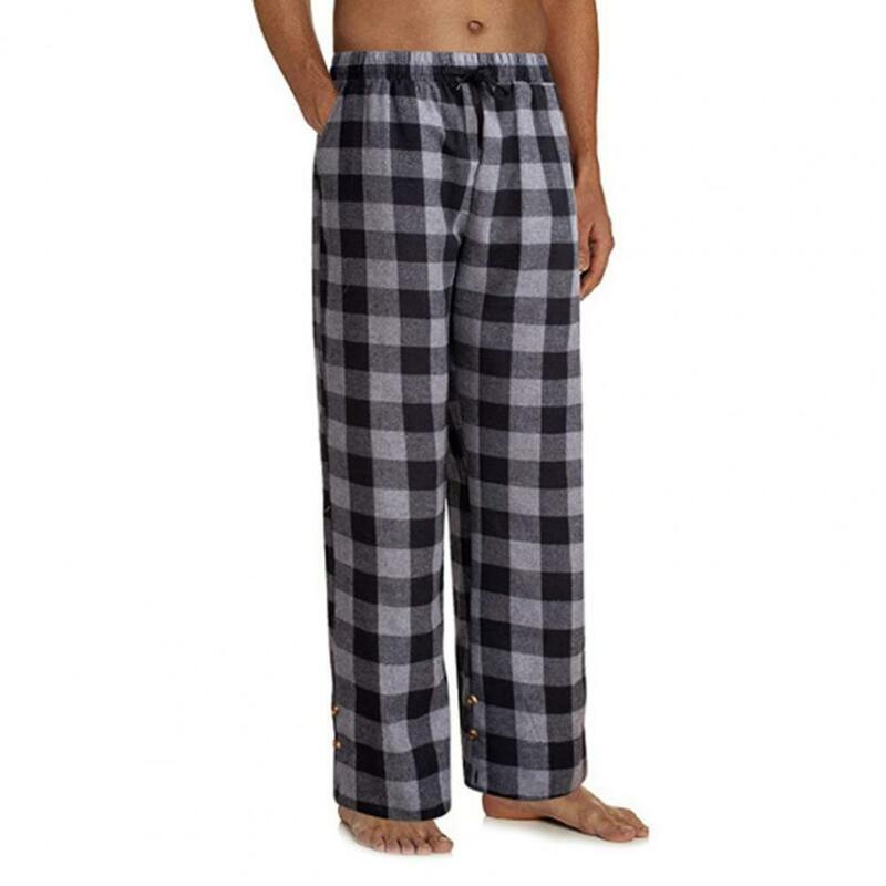 Calças de pijama cintura elástica com cordão xadrez solto calças de pijama para casa