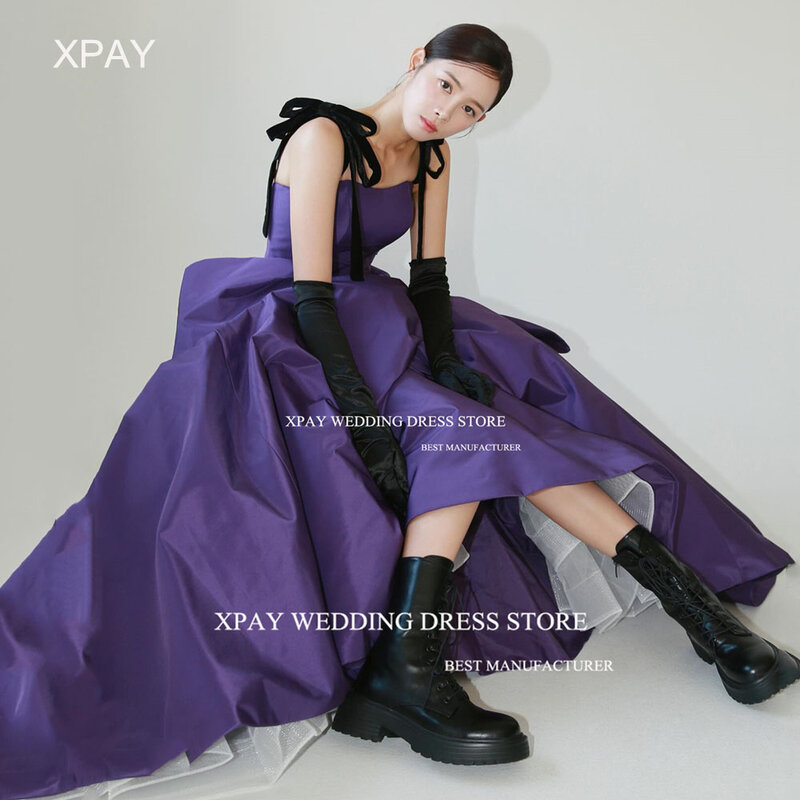 XPAY Square Neck Purple Korea Evening Dresses Black Straps Satin Evening Gown Photo Shoot Corset Sleeveless Birthday Party Dress