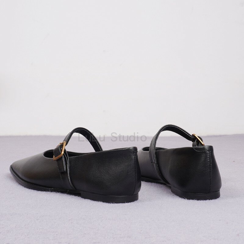 Maxdutti-Sapatos rasos de couro para mulheres, sapatos planos Mary Jane, sapatos de balé casual, dedo do pé quadrado