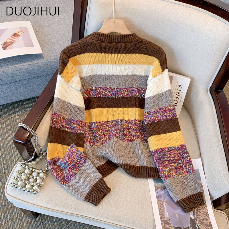 DUOJIHUI-Suéter de malha com decote a 0 feminino, pulôveres casual simples, cor de contraste, listrado, clássico, feminino, nova moda, outono