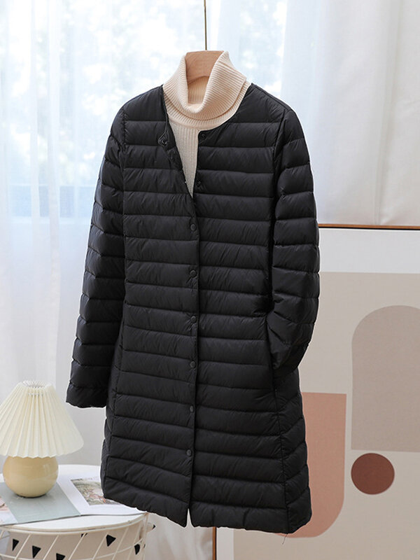Женское зимнее пальто, новинка 2023, осенние куртки из ультратонкого утиного пуха, пуховик с круглым вырезом и длинным рукавом, ветрозащитная верхняя одежда с теплой подкладкой