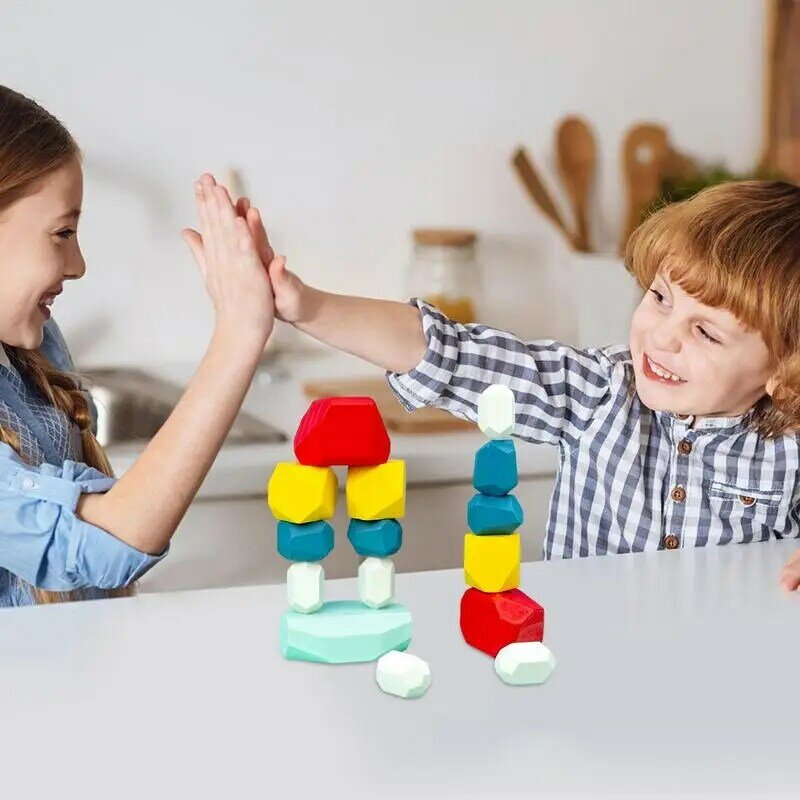 Drewniane bloki do układania w stosy kolorowe kamienie budowanie gier kreatywne zabawki edukacyjne prezenty dla dzieci chłopców i dziewcząt na urodziny
