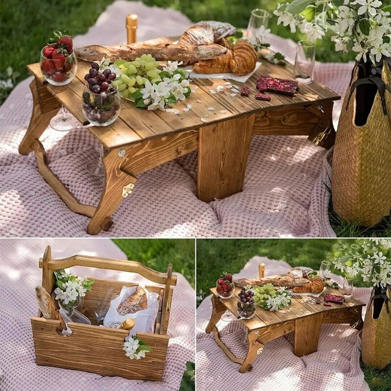 Portable Outdoor Wooden Folding Table Beach Camping Garden Furniture Picnic Desk Tea Wine Glass Holder Storage Basket