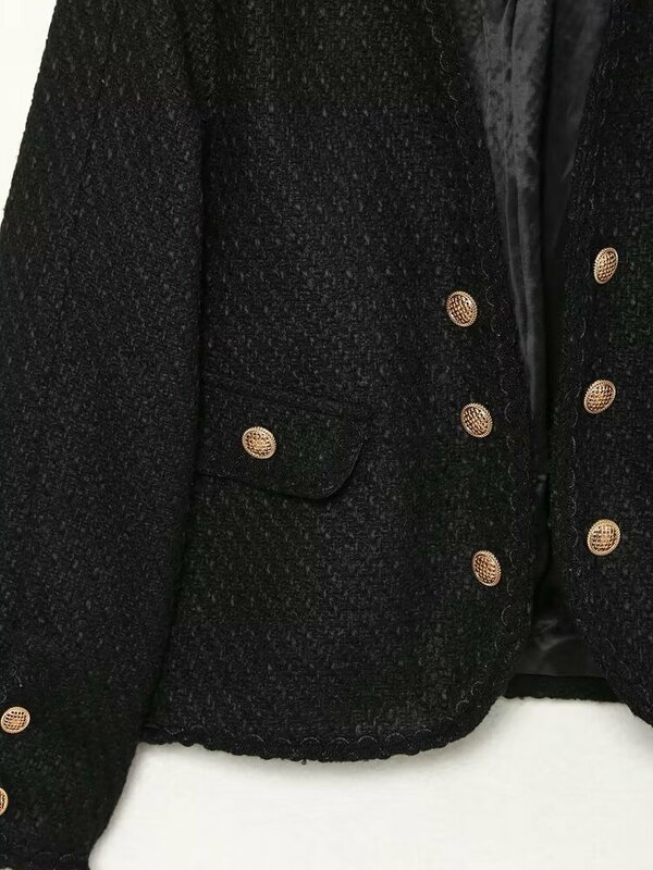เสื้อเบลเซอร์แฟชั่นใหม่สำหรับผู้หญิงเสื้อโค้ทตกแต่งกระดุมสองแถวมีกระเป๋าแขนยาววินเทจเก๋ไก๋