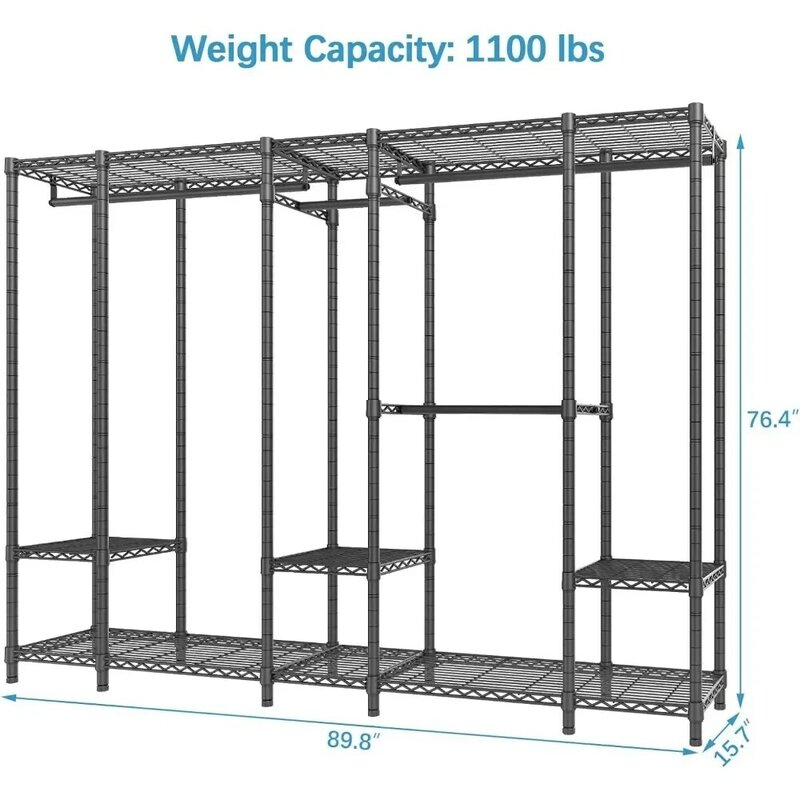 Heavy Duty Multi-Funcional Metal Clothing Rack, armazenamento preto, pendurado Organizador do armário, carga máxima 1100lbs