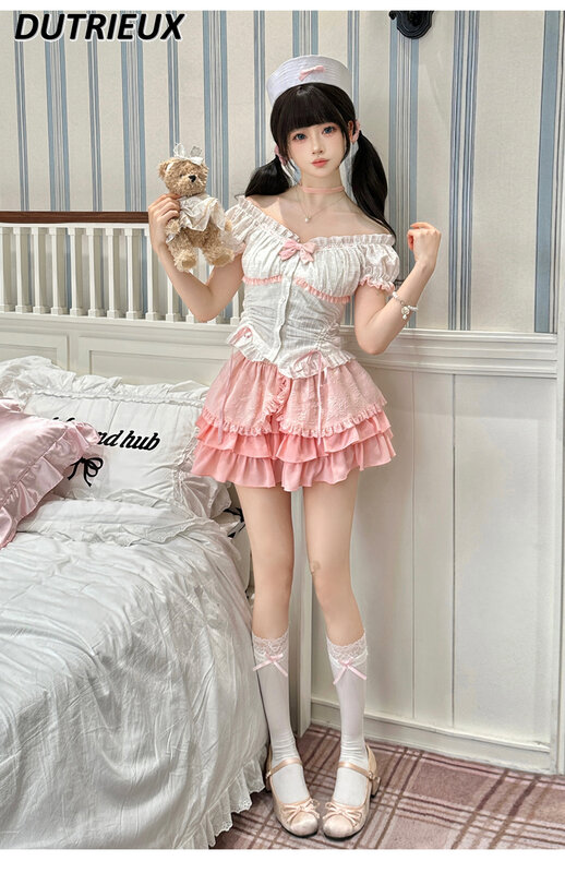 Summer Sweet Pure Princess Style Bow Top Short Sleeve Off-the-Shoulder Shirt and Pink Skirt Cute Two Piece Suit Outfits