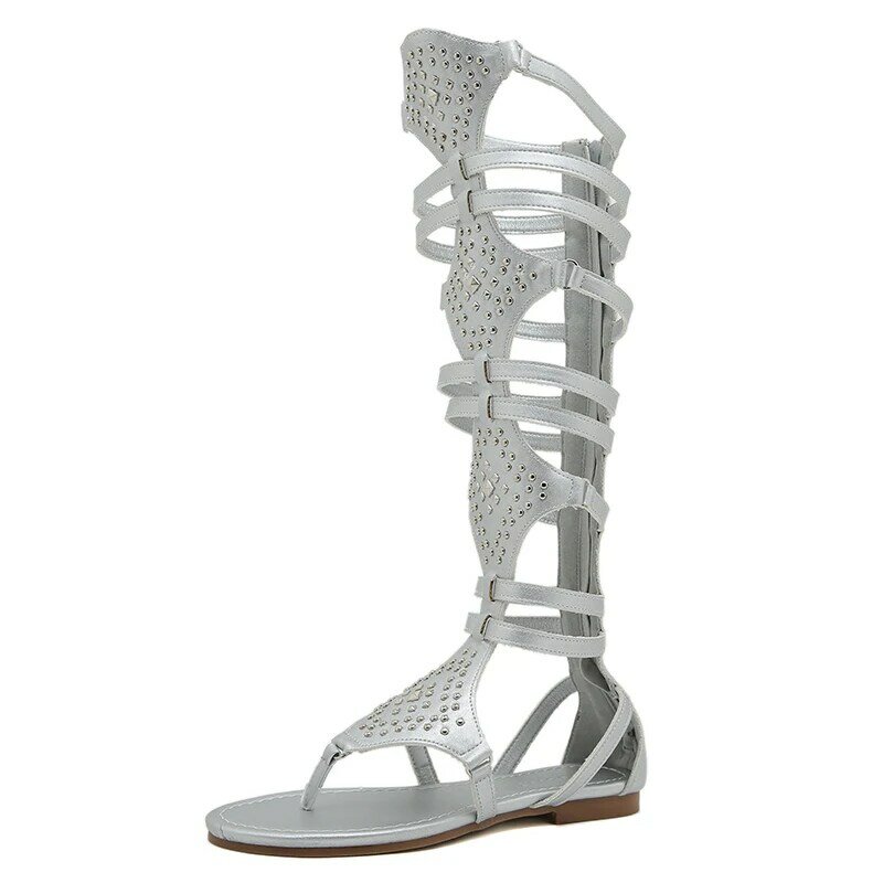 Długie buty ZOOKERLIN dla kobiet wysokie buty letnie buty Botas De Mujer spiczaste sandały z kryształami górskimi buty buty damskie płaskie