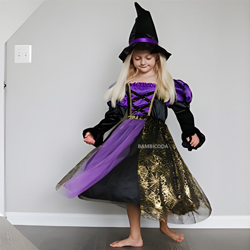Vestido de Halloween Witch Party para crianças, Gothic Ghost Costume, Vestido infantil, Vestido Tutu, Chapéu para Purim, Carnaval, Meninas