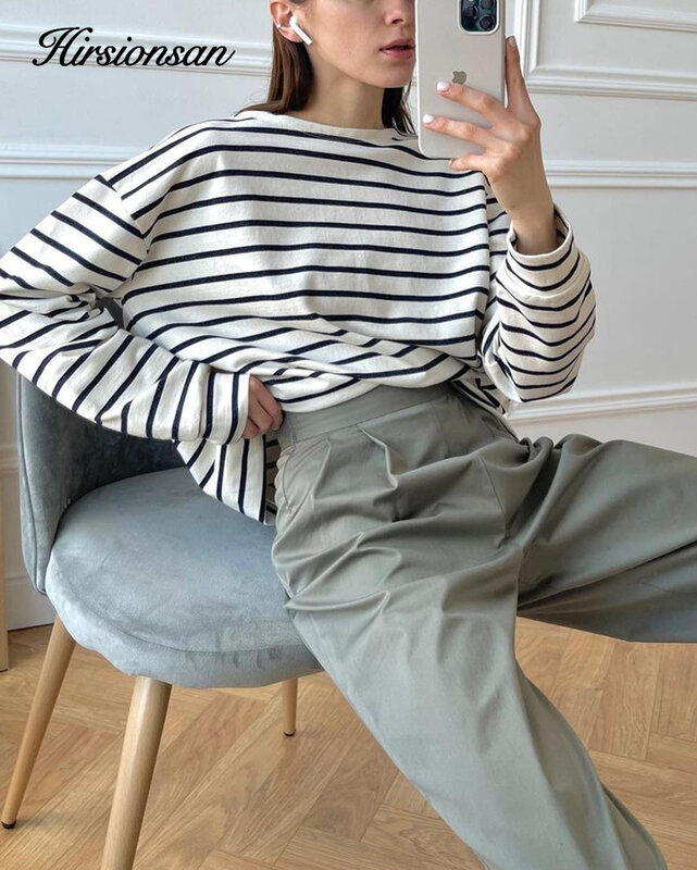 Hirsionsan-Camisetas Básicas de rayas gruesas para mujer, camisetas de manga larga con fondo suelto, ropa informal de punto de algodón para mujer 2023