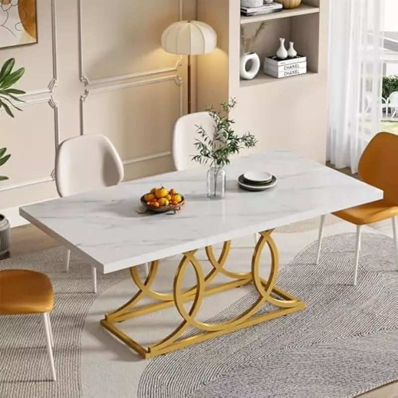 Moderne Eettafel Voor 6-8 Personen Geometrische Rechthoekige Eettafel Met Goud Metalen Frame Set Kamer Meubelhuis