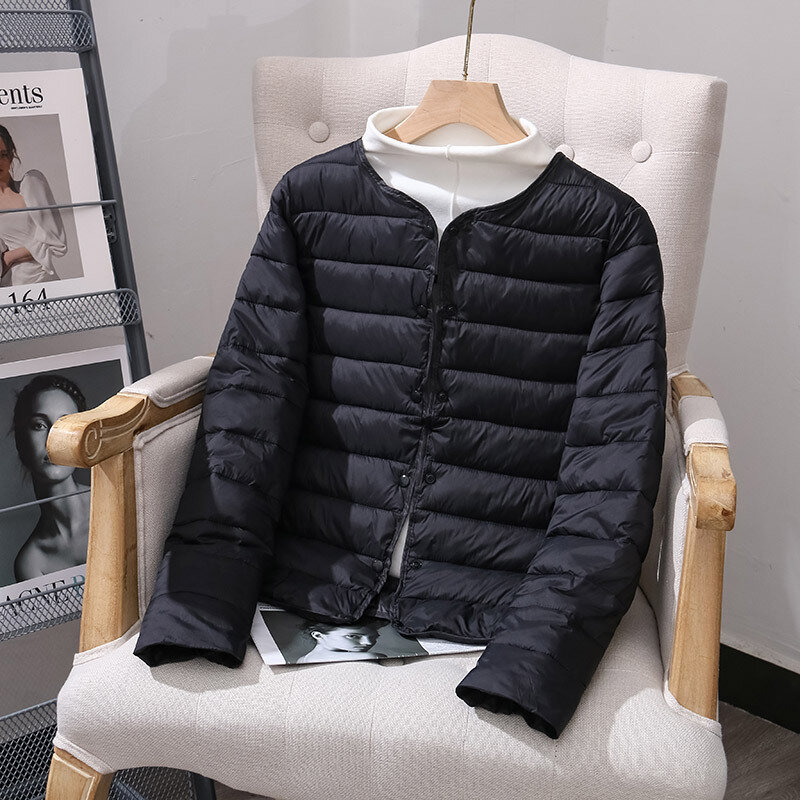 Jaqueta puffer ultra leve para mulheres, casaco fino com decote em v, moda feminina coreana, o pescoço, forro variável, 2023, novo