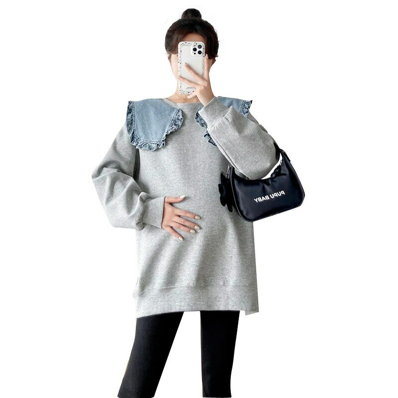 5911 # outono inverno moda maternidade hoodies bonito plissado o pescoço solto moletom roupas para grávidas gravidez camisetas