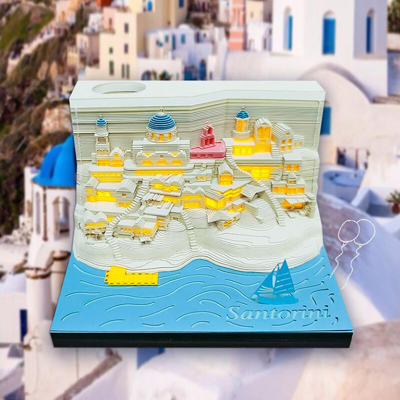 Bantalan Memo meja dengan lampu LED arsitektur Santorini Area pemandangan pantai 3D hadiah patung Notepad untuk sekolah kantor rumah