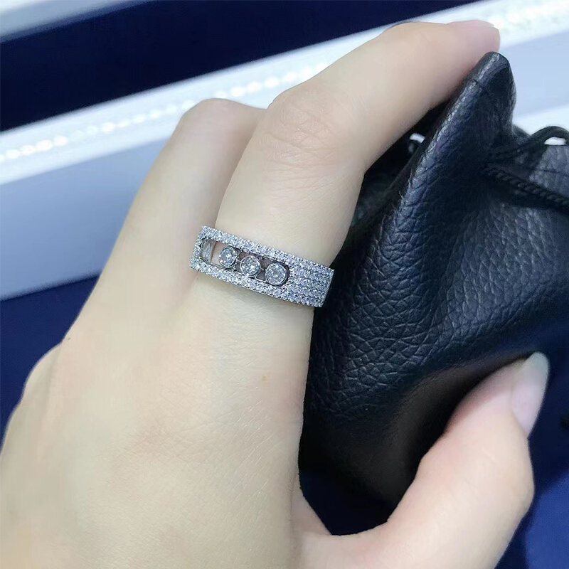 Franse Luxe Sieraden Nieuwe 925 Sterling Zilveren Paar Ring Electroplated Gold Drie Diamant Mobiele Ring Bewegen Romane Christmasgift