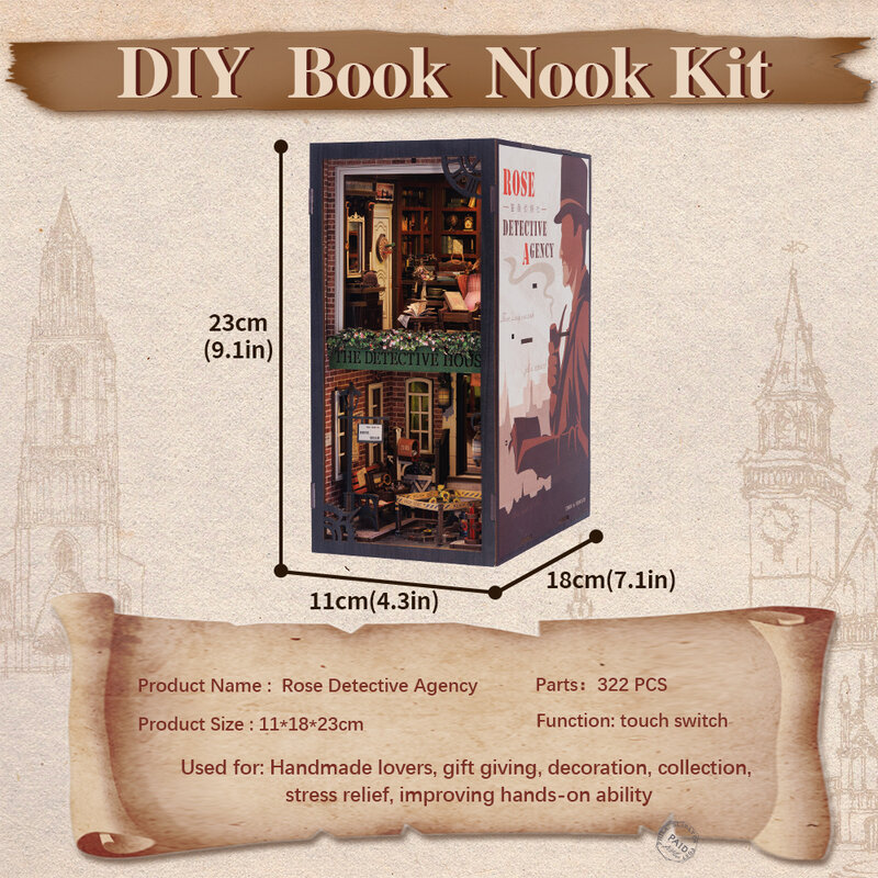 CUTEBEE Book Nook 3D Puzzle Miniature Doll House Kit With Touch Light Dust Cover DIY Booknook Toy Gifts Rose Detective Agency