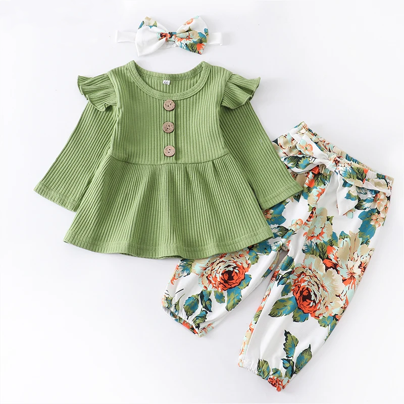 Ropa de moda para niñas recién nacidas, traje de algodón de manga larga con volantes verdes, pantalones de flores y Diadema, primavera y otoño