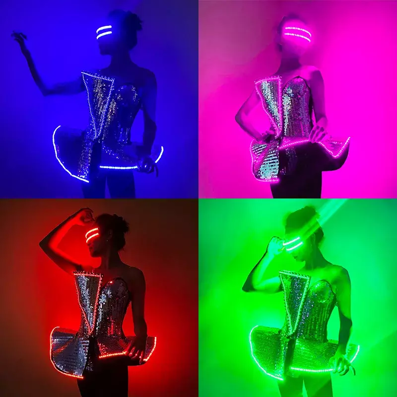 ชุดเดรสไฟ LED สำหรับผู้หญิงชุดสำหรับเต้นไนท์คลับชุดเต้นรำชุดแต่งกายบนเวทีไฟส่องสว่างชุดนักเต้นโกโกโกโก