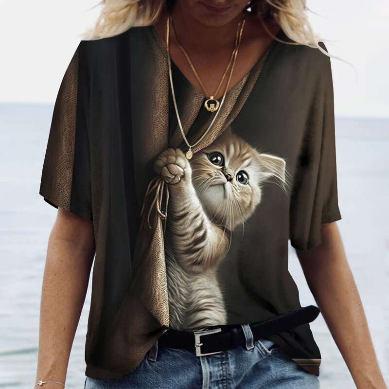 패셔너블한 여성용 반팔 티셔츠, 귀여운 고양이, 3D 프린트 소녀, 하라주쿠, 루즈 캐주얼 의류, 카와이 V넥, 여름