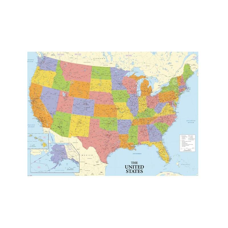 Impresso Unframed Mapa dos Estados Unidos, Lona Fina, Roll Packaged Wall Decor, Mapa da América para Home e Office Decor, Tamanho A2