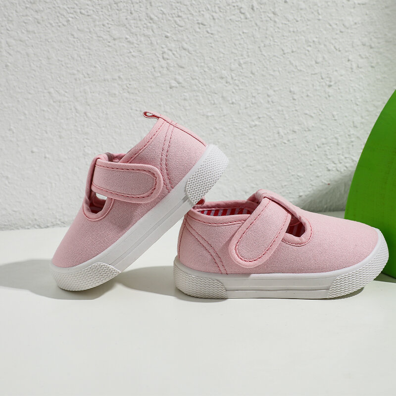 Sepatu kets kanvas anak perempuan, sepatu Sneakers klasik tali T untuk anak kecil