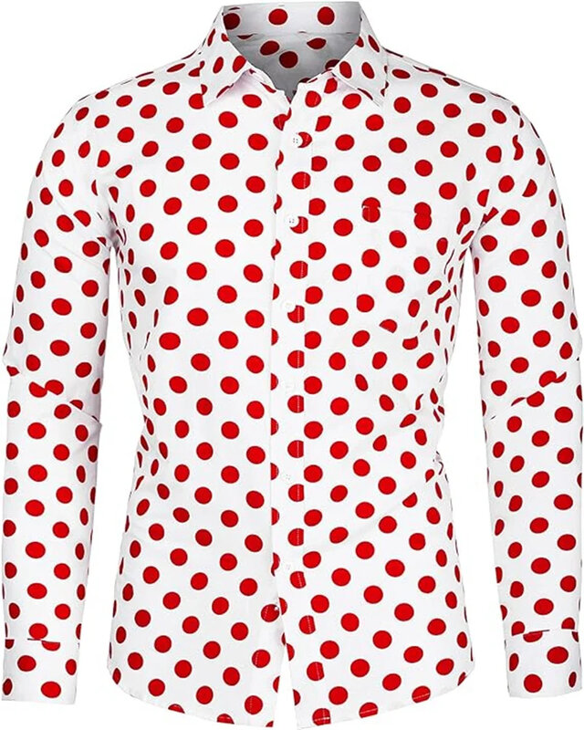 Camisa multicolorida de bolinhas masculina, manga comprida, ajuste justo, lapela estampada, botão, roupas de grandes dimensões, moda
